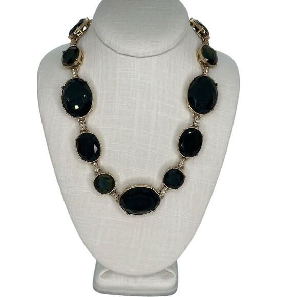 Ann Taylor Dark Green Chunky Gold Tone Rhinestone Statement Necklace Old Money - Picture 6 of 14